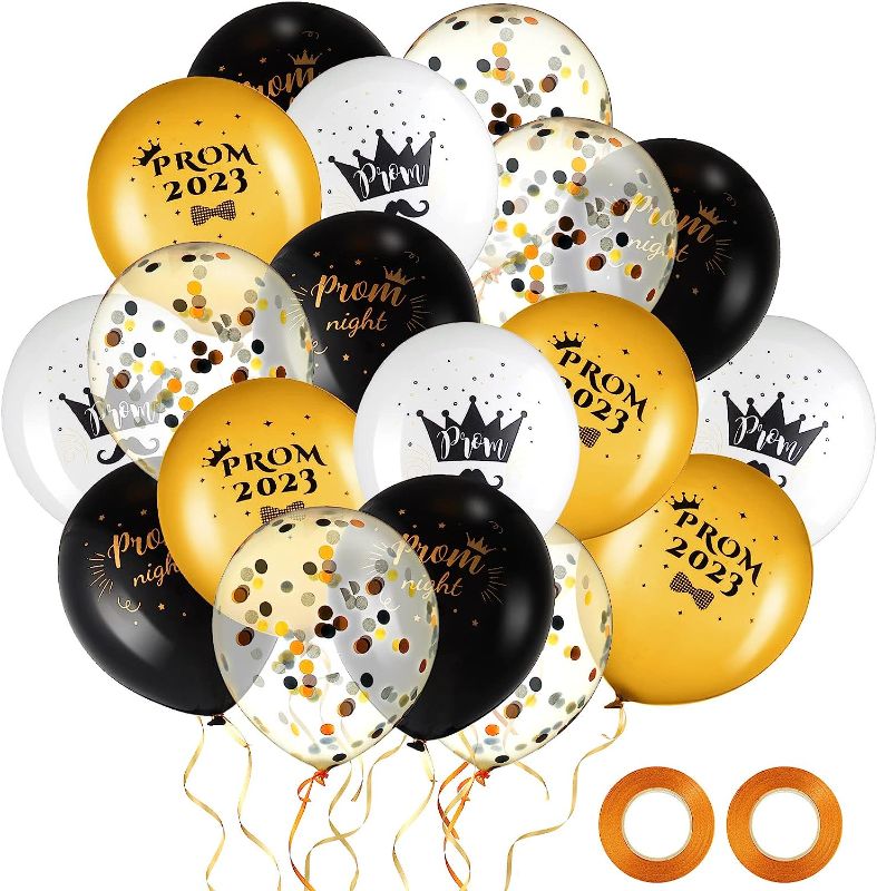 Photo 1 of 40 Pieces Prom 2023 Balloons 12 Inch Graduation Confetti Balloons Prom Theme Balloons Congratulations Balloons with 2 Rolls Decor Supplies (Black, Gold)
