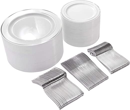 Photo 1 of  300 Pieces Silver Plastic Plates with Disposable Silverware, Fancy Tableware Sets include 60 Dinner Plates 10.25", 60 Salad Plates 7.5", 60 Forks, 60 Knives and 60 Spoons Serve for 60 Guest