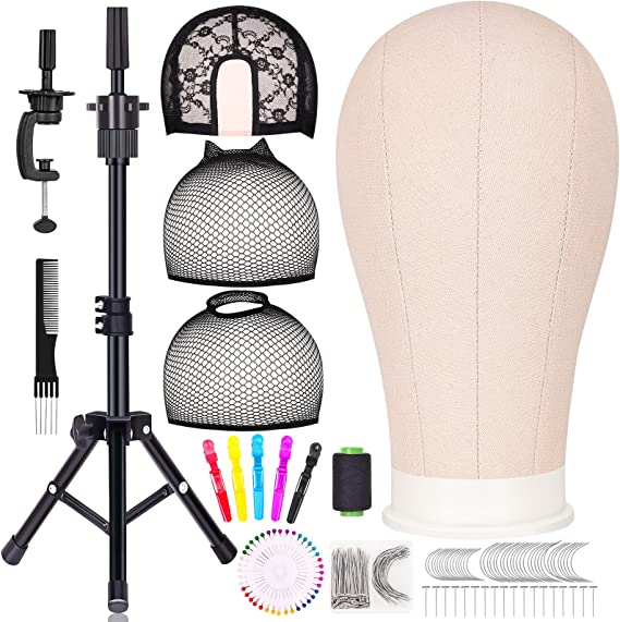 Photo 1 of 23 Inch Wig Head, Wig Stand Tripod with Head, Canvas Block Head Mannequin Head Set for Making Wigs with Wig Caps, Table Clamp, T Pins Set, C Needles, Hair Brush&Clips
