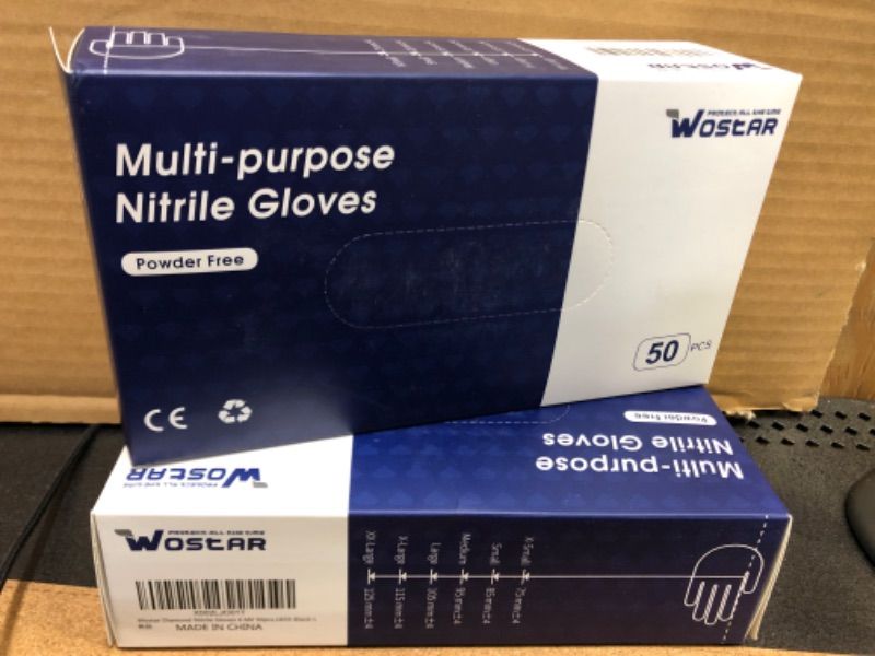 Photo 2 of 100pcs---size  L --Wostar Industrial Black Nitrile Gloves 8 Mil Latex Powder Free Diamond Textured Heavy Duty Black 