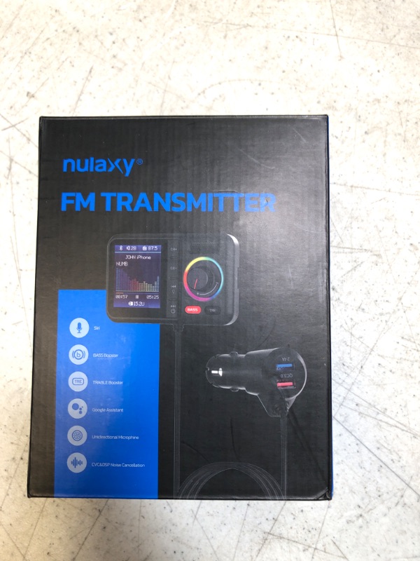 Photo 2 of Nulaxy Bluetooth FM Transmitter for Car, Wireless Car Bluetooth Adapter V5.0 with Big Color Screen, Support Hands-Free Call, Siri&Google, MP3 Music Player BASS&TRE Booster, TF Card/AUX-KM28 Black