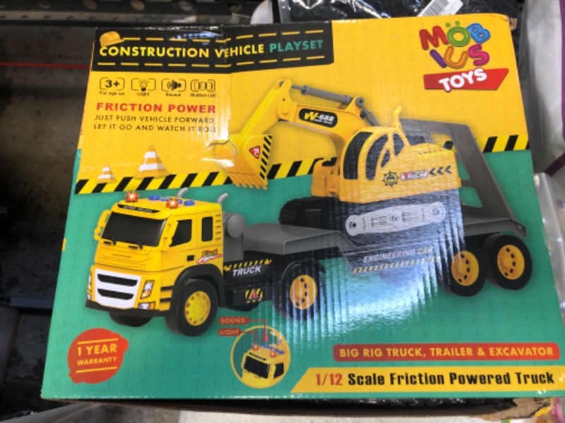 Photo 2 of Flatbed Truck w/Excavator Tractor - 1:12 Scale Large Size Toys - Push and Go Toy Trucks, Construction Trucks for Toddlers, Boys and Girls Kids Ages 3 4 5 Years Old, Friction Truck w/Lights & Sounds Flatbed Truck With Excavator