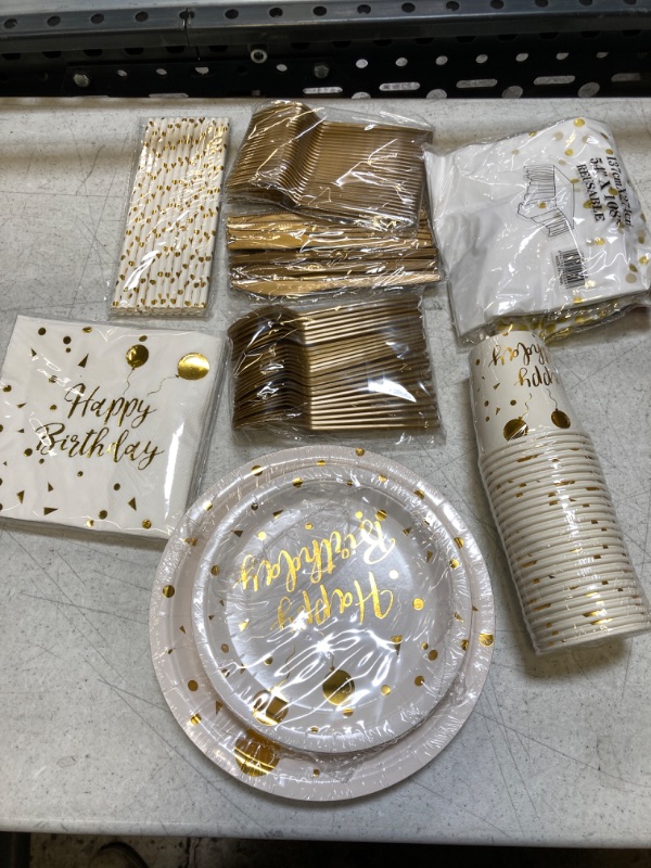 Photo 2 of 201 Pieces Gold Disposable Party Dinnerware Set &Golden Dot Disposable Birthday Party Dinnerware - Black Paper Plates Napkins Cups, Gold Plastic Forks Knives Spoons (25 Guests,201 Pieces) Black/Gold