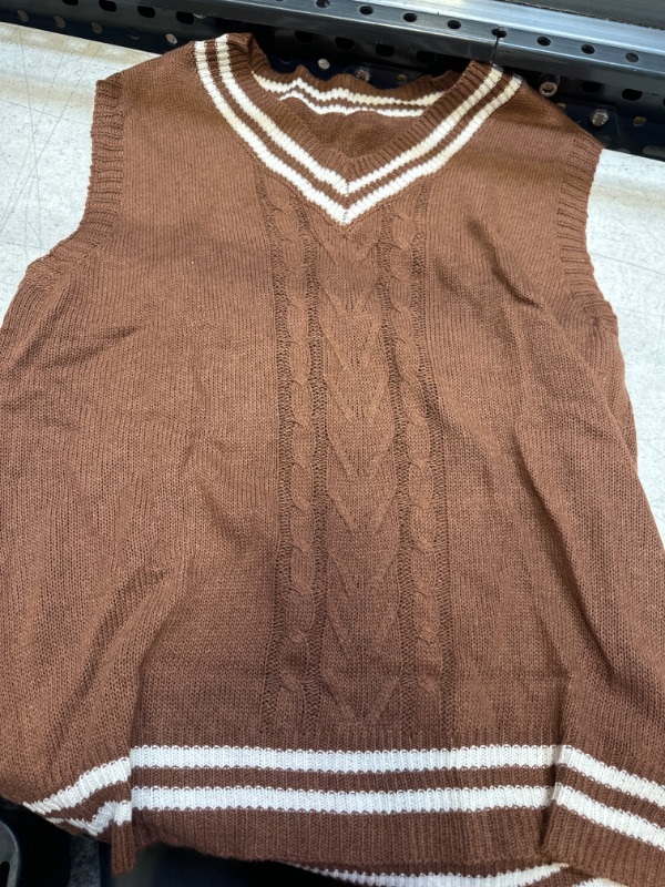 Photo 1 of  V- Neck Sweater Vest Uniform Cable Knit Sleeveless Sweater (Brown)---Unknown Size But Looks Like XL