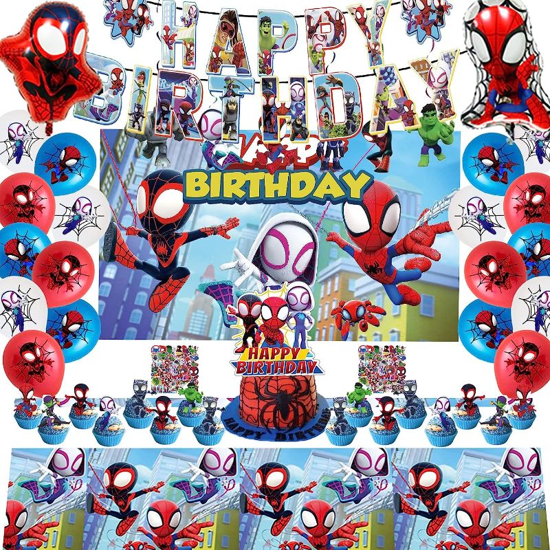 Photo 1 of 108 Pcs Spidey and His Amazing Friends Birthday Decorations Include Backdrop, Happy Birthday Banner, Cake Topper,Cupcake Toppers,Hanging Swirls, Latex Balloons,Special Foil Ballons,Stickers,Tablecover, for Kids Birthday Party Decoration
