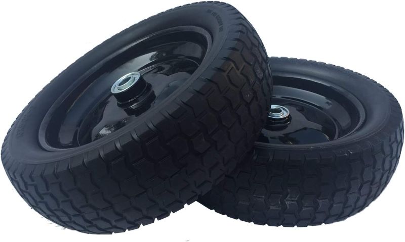 Photo 1 of 2 Pack Small 13x5.00-6 Flat Free Tire,Turf Tread,2.25"offset hub with steel rim ,5/8" ball bearing , Tire OD:299-309mm,12'',Tire SW:88.5-94.5mm, PU Foam wheel,small solid trolley wheel