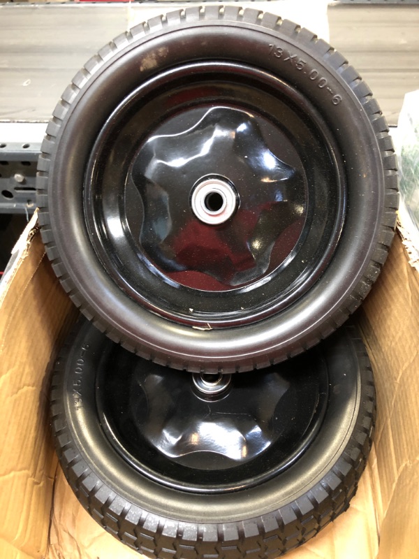 Photo 2 of 2 Pack Small 13x5.00-6 Flat Free Tire,Turf Tread,2.25"offset hub with steel rim ,5/8" ball bearing , Tire OD:299-309mm,12'',Tire SW:88.5-94.5mm, PU Foam wheel,small solid trolley wheel