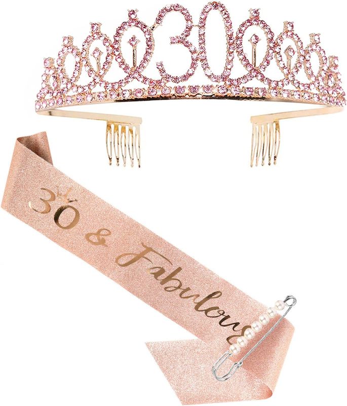 Photo 1 of 30th Birthday Sash and Tiara for Women, Rose Gold Birthday Sash Crown 30 & Fabulous Sash and Tiara for Women, 30th Birthday Gifts for Happy 30th Birthday Party Supplies
