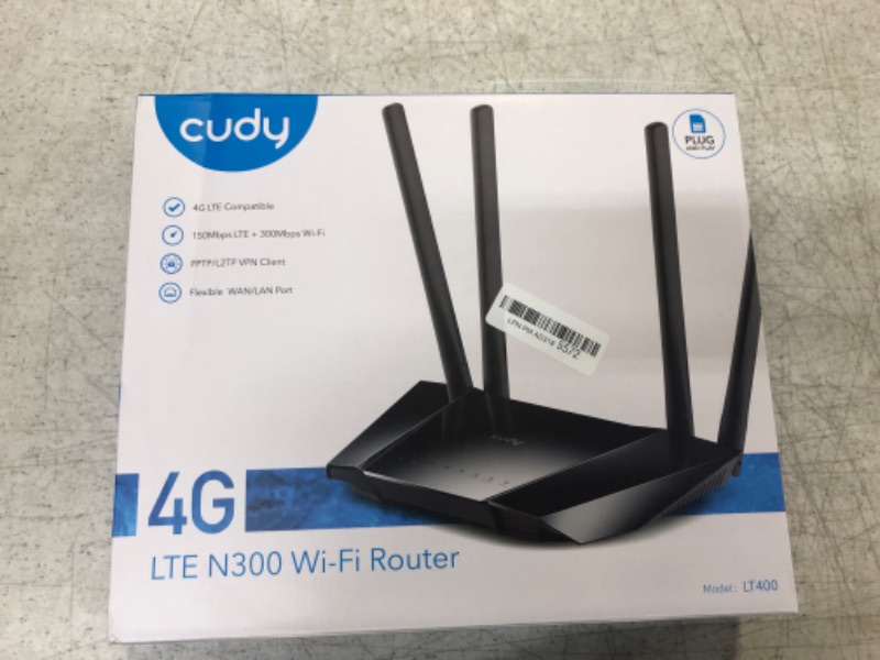 Photo 3 of Cudy N300 WiFi Unlocked 4G LTE Modem Router with SIM Card Slot, 300Mbps WiFi, LTE Cat4, EC25-AFX Qualcomm Chipset, 5dBi High Gain Antennas, FDD, DDNS, VPN, Cloudflare, Plug and Play, LT400