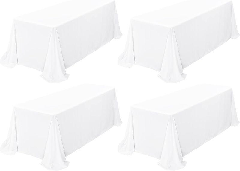 Photo 1 of 4 Pack White Tablecloth 90 x 132 Inch, Rectangle Tablecloth for 8 Foot Table, Stain and Wrinkle Resistant Washable Polyester Table Cloth Cover for Wedding Dining Table Buffet Parties and Camping
