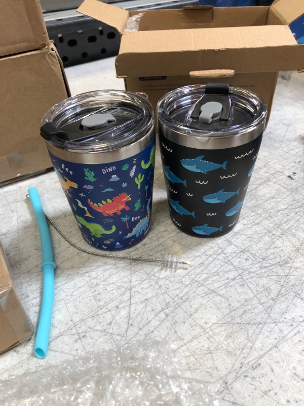 Photo 2 of 8 OZ Kids Cup - 2 Pack Spill Proof Vacuum Stainless Steel Insulated Tumbler for Toddlers Girls Boys - BPA FREE Smoothie Drinking Cup Baby Sippy Cup with Leak Proof Lid & Silicone Straw with Stopper 2 Dinosaur/Shark-8.5 oz