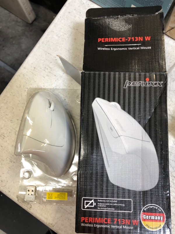 Photo 2 of Perixx PERIMICE-713W Wireless Ergonomic Vertical Mouse - 2.4G Spec with USB Receiver - On/Off Switch - 6 Buttons Right Handed Design - White White Wireless Mouse