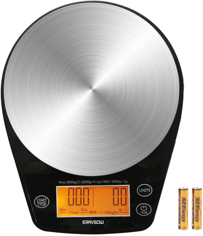 Photo 1 of ERAVSOW Coffee Scale with Timer, Digital Hand Drip Coffee Scales,Stainless Steel Kitchen Food Weight Scale with Precision Sensors LCD Display & Hanger Hole 6.6lb/3kg (Batteries Include)
