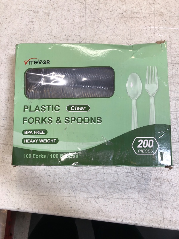 Photo 2 of [200 Count] Heavy Duty Plastic Forks and Spoons Set - Disposable Spoons and Forks Silverware, 100 Plastic Forks and 100 Plastic Spoons for Party - Clear