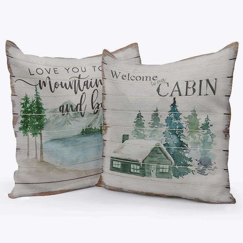 Photo 1 of (RB) Welcome to Our Cabin Flannel Throw Pillow Case, 18 x 18 Inch Set of 2, Cabin Front Porch Decor, Cabin House Decor, Cabin Decor,  Cabin House Room Pillows Cover for Sofa Couch Bed
