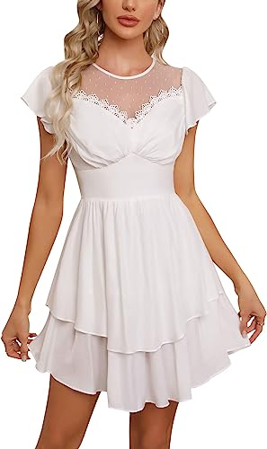 Photo 1 of EXLURA Womens Summer Casual Long Puff Sleeve V-Neck Mini Dress Smocked Ruffle Sweetheart Neckline A-line Flowy Dresses Medium
