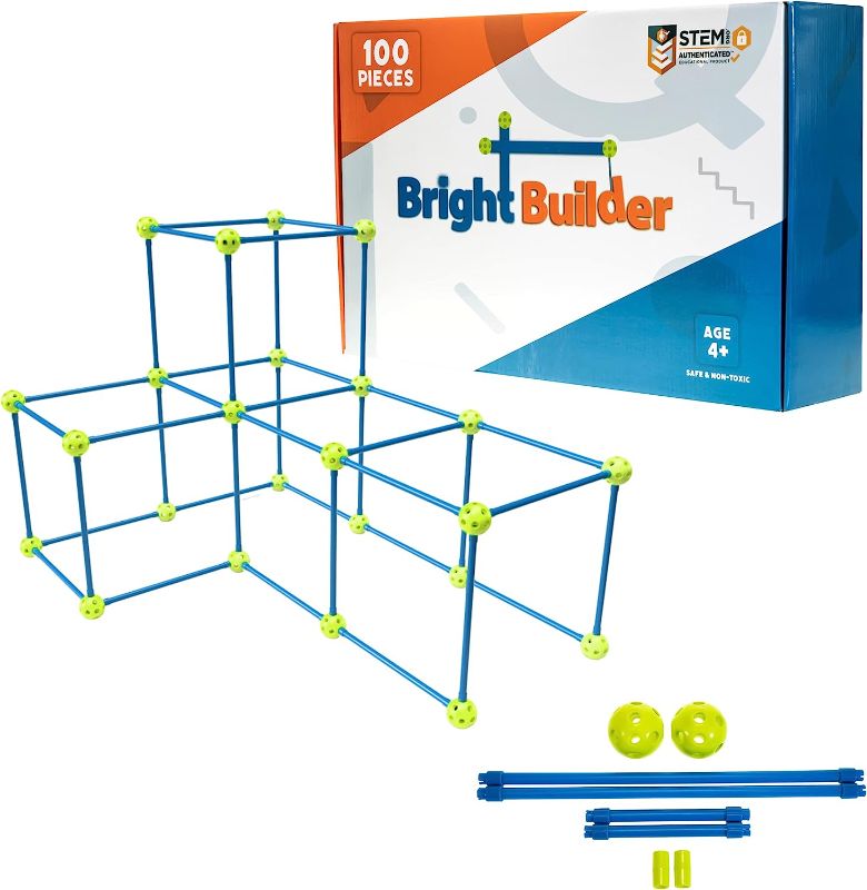 Photo 1 of 100 Pieces Fort Building Kit for Kids 4-8 - STEM Building DIY Educational Toy - Blue and Green - Intellio Toys Bright Builder
