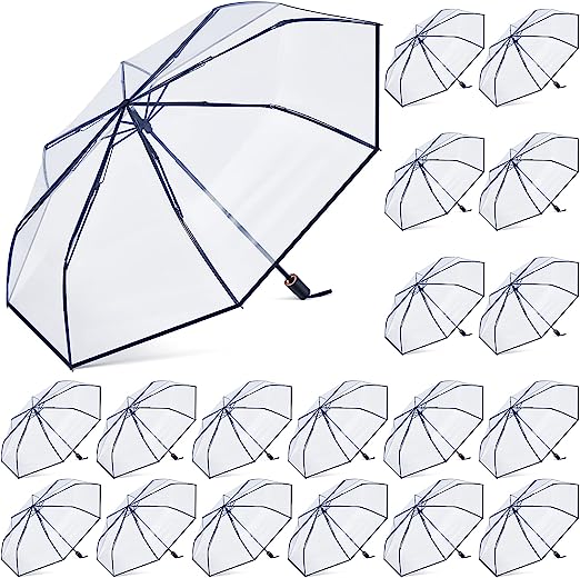 Photo 1 of 6 Pcs Clear Wedding Umbrellas Bulk Transparent Travel Umbrella Foldable Clear Umbrella Manual Open and Close Compact Folding Umbrella for Wedding Anniversary Christmas Party Favors
