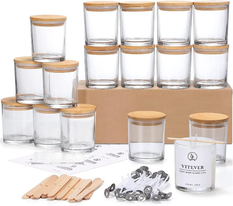 Photo 1 of 16 Pack, 10 OZ Thick Glass Candle Jars with Bamboo Lids and Candle Wick Kit - Bulk Clear Empty Glass Candle Jars for Making Candles - Spice, Powder Containers