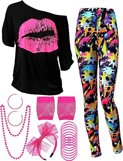 Photo 1 of 80s Women Costume Set, T-Shirt, Geometric Legging Pants Earring Necklace Gloves Bracelet
