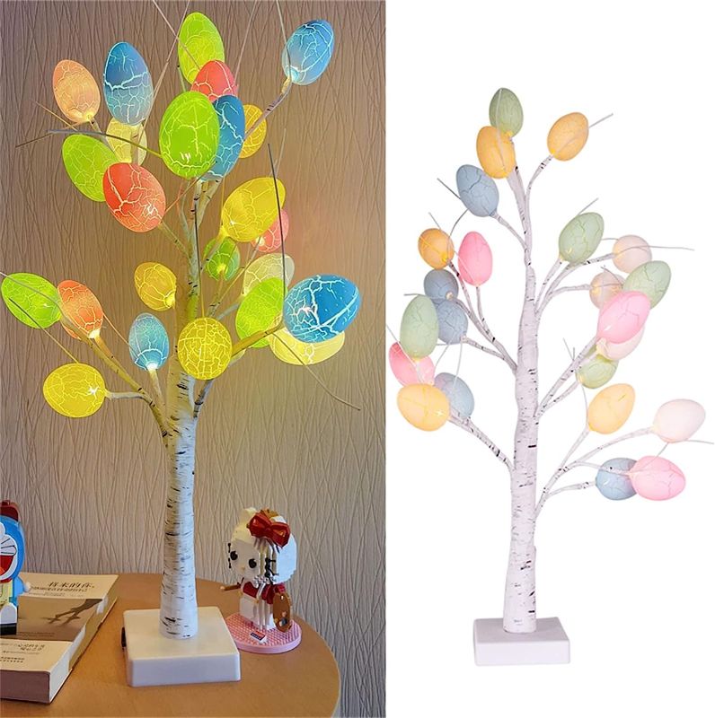 Photo 1 of 24 Inch Pre-lit White Birch Tree with Easter Egg Ornaments, Battery Operated 24 Warm White Led Lights Table Centerpiece for Party Home Spring Easter Holiday Decorations (Dinosaur Eggs)
