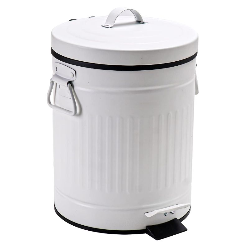 Photo 1 of Small Trash Can with Lid-5L/1.3 Gal Stainless Steel Round Step Trash Can-Dog Poop Garbage Can-Retro Vintage Metal Wastebasket w/ Pedal for Outdoors Farmhouse Bathroom Bedroom Office-Soft Close-White
