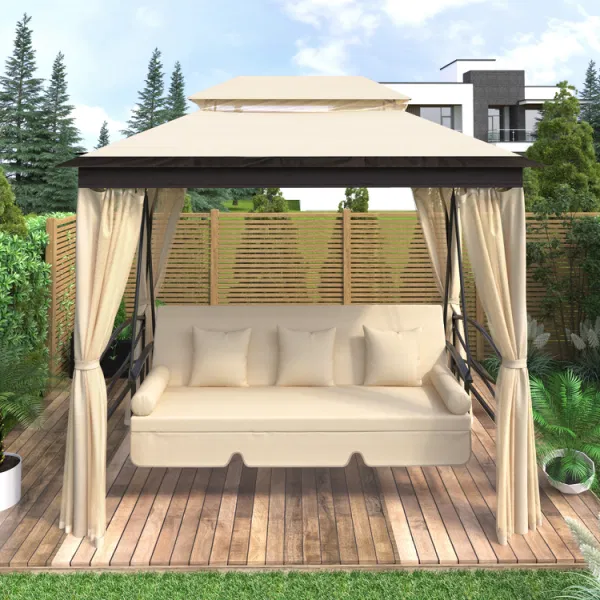 Photo 1 of 8.9 Ft. W x 5.9 Ft. D Outdoor Gazebo with Convertible Swing Bench; Double Roof Soft Canopy Garden Backyard Gazebo with Mosquito Netting Suitable for Lawn; Garden; Backyard - BOX 3/3
