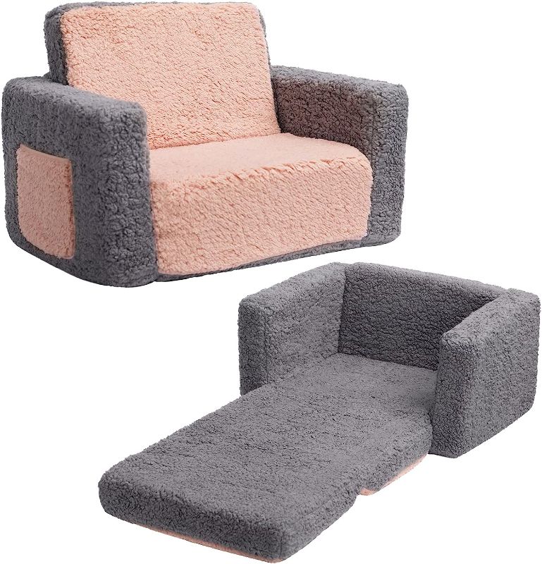 Photo 1 of ALIMORDEN 2-in-1 Flip Out Cuddly Sherpa Kids Couch, Convertible Sofa to Lounger, Grey and Pink
