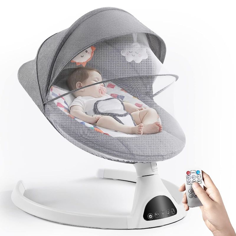 Photo 1 of Baby Swing for Infants, Electric Portable Baby Swing for Newborn, Bluetooth Touch Screen/Remote Control Timing Function 5 Swing Speeds Baby Rocker Chair with Music Speaker 5 Point Harness Gray
