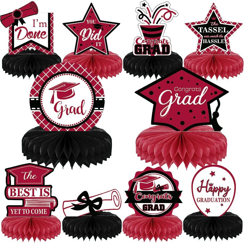 Photo 1 of 10PCS Class of 2023 Graduation Party Decorations 2023 Congrats Grad Honeycomb Centerpieces Congratulate Graduation Table Toppers for Graduation Party Favor Supplies(Black Maroon)
