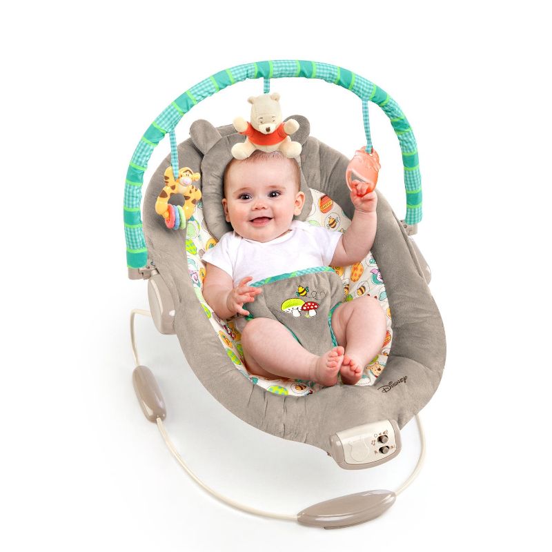 Photo 1 of Bright Starts Winnie the Pooh Dots & Hunny Pots Baby Bouncer with Vibrating Infant Seat, Music & 3 Playtime Toys, 23x19x23 Inch
