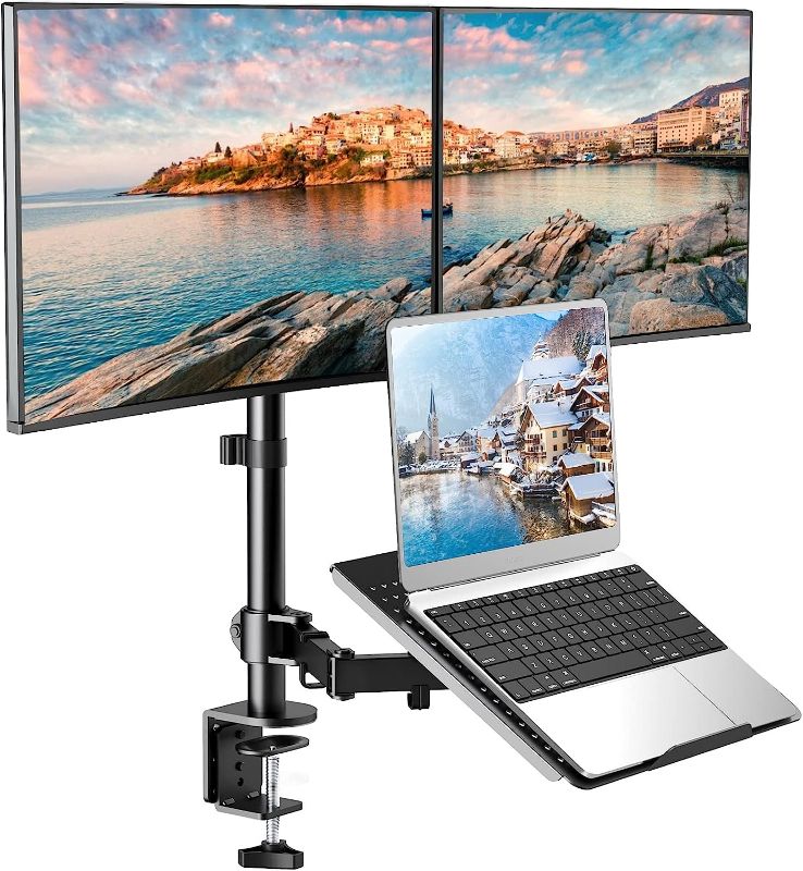 Photo 1 of HUANUO Laptop Mount, Height Adjustable Dual Monitor Mount with Laptop Keyboard Tray Fit Two 13 to 27 Inch Flat Curved Computer Screens and 10 to 17 Inch Notebooks
