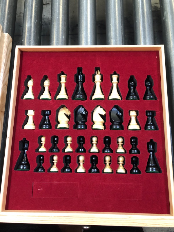 Photo 4 of A&A 15 inch European Ash Wooden Chess Sets w/ Storage Drawer / Triple Weighted - 3.0 inch King Height / European Ash Box w/Walnut & European Ash Inlay / 2 Extra Queen / Classic 2 in 1 Board Games Triple Weighted Pieces w/ European Ash Box