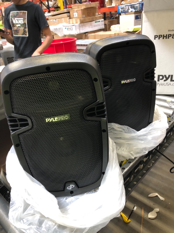 Photo 2 of Powered PA Speaker System Active & Passive Bluetooth Loudspeakers Kit with 8 Inch Speakers, Wired Microphone, MP3/USB/SD/AUX Readers, Speaker Stands,Remote Control - Pyle PPHP849KT Black 8 in 2 Speaker Loudspeakers Kit