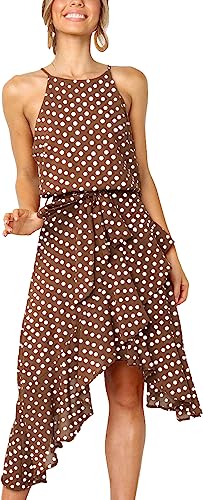 Photo 1 of ECOWISH Womens Boho Polka-dot Tie Waist Irregular Cocktail Midi Dress Sleeveless Halter Neck Sexy Sundress S