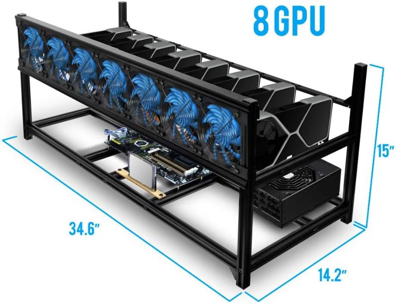 Photo 2 of stand only----Kingwin Miner Rig Case Aluminum W/6 or 8 GPU Mining Stackable Frame Expert Crypto Mining Rack for Ethereum Classic, Flux, Ergo, Neoxa, Ravencoin–Improve GPU Air Flow Cryptocurrency, Test Bench PC Case KC-8GPU---------factory sealed 