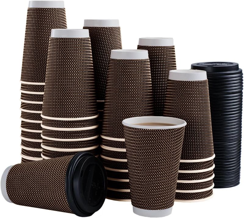 Photo 1 of 16 oz 80 Packs Insulated Hot Coffee Cups with Lids, To Go Ripple Paper Cups, Disposable Triple-Walled Drinking Cups for Tea Chocolate Beverages Espresso (Brown)
