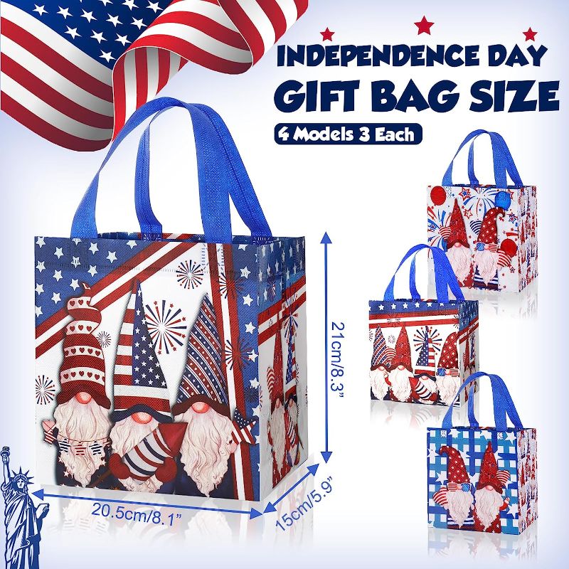 Photo 1 of 12pcs--Reusable HOWAF 4th of July Gnomes Gift Bags, Independence Day Non-Woven Reusable Tote Bag with Handle  Size 8 x 8 x 6 inch
