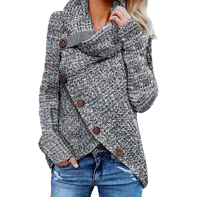 Photo 1 of 2xl---Women'S Thick Heavy Button Asymmetric Wrapped Edge Autumn and Winter High Neck Pullover Sweater Solid Color Women'S Sweater Long Sleeve Knitted Sweater
