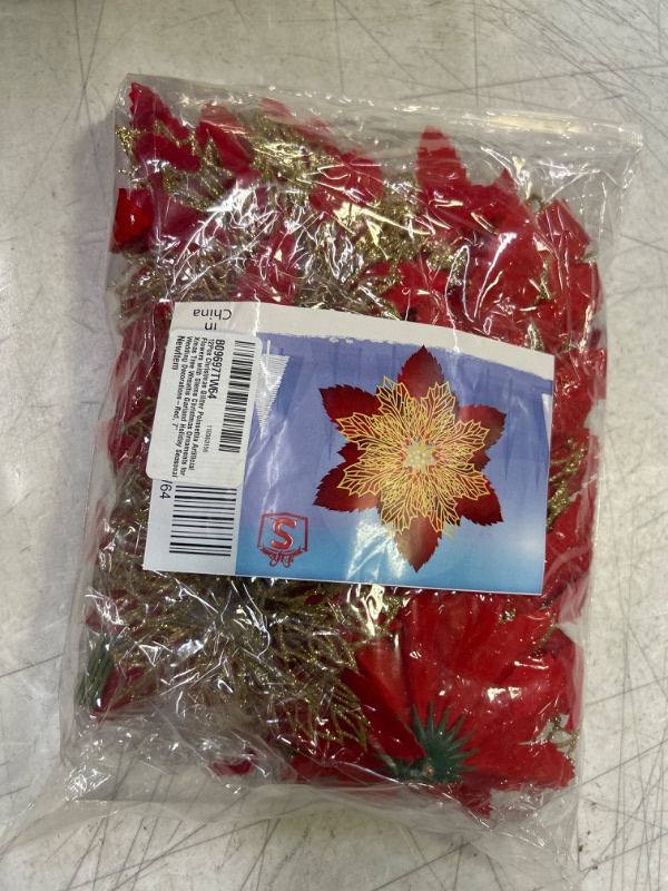 Photo 2 of 12Pcs Christmas Glitter Poinsettia Artificial Flowers with Stems Christmas Ornaments for Xmas Tree Wreaths Garland Holiday Seasonal Wedding Decorations-Red, 7"