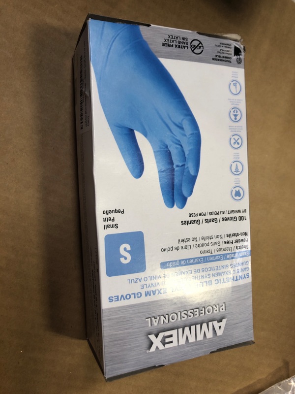 Photo 2 of 100pcs---small  AMMEX Stretch Synthetic Blue Vinyl Exam Gloves, 3 Mil, Powder Free, Disposable Small (Pack of 100) Box of 100