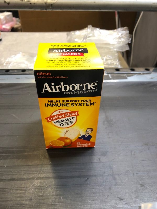 Photo 1 of Airborne 1000mg Chewable Tablets with Zinc, Immune Support Supplement with Powerful Antioxidants Vitamins A C & E - 96 Tablets, Citrus Flavor Citrus 96 Count (Pack of 1)