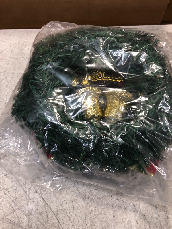 Photo 2 of 2 Pieces 12 Inch Christmas Wreaths for Front Door with Lights, Gold Artificial Merry Christmas Reefs with Elk Berry Bell Gift Box Ball for Windows Wall Indoor Holiday Party Decorations