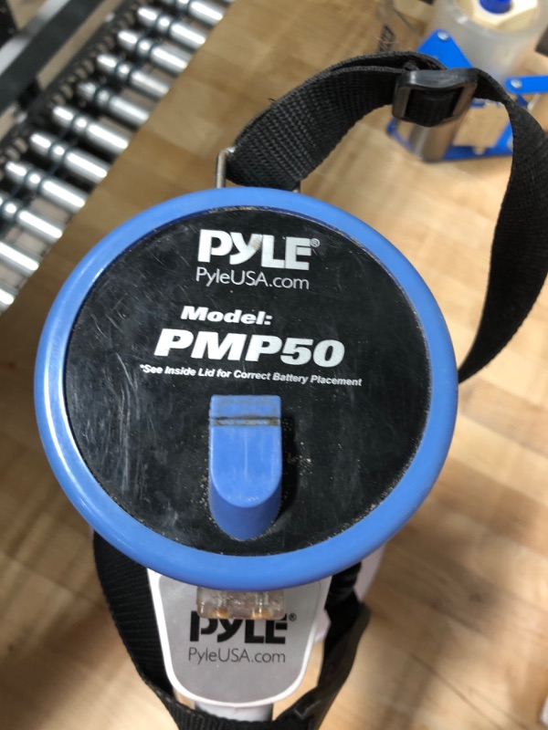 Photo 4 of USED. PylePro PMP50 50 Watt 1,200 Yard Sound Range Portable Bullhorn Megaphone Speaker with Built In MP3 Input Jack and Loud Siren Alarm, Blue