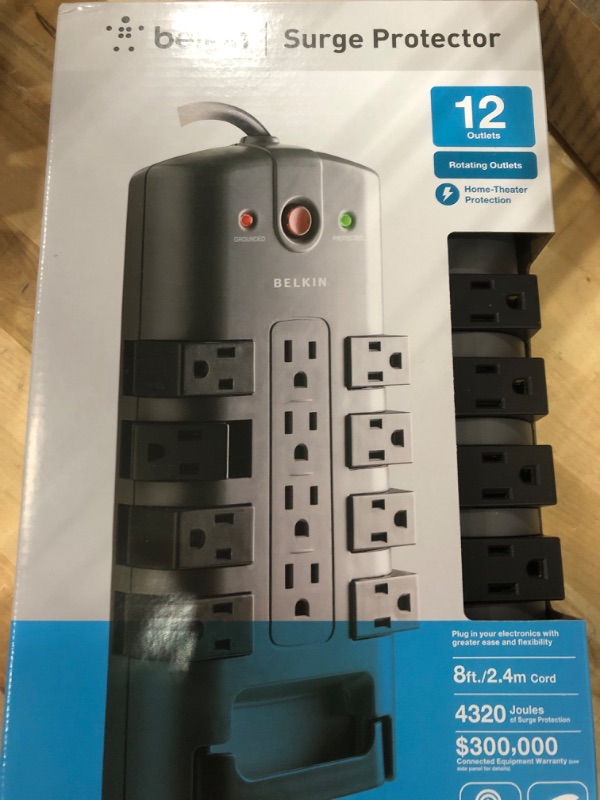 Photo 1 of Belkin Surge Protector w/ 8 Rotating & 4 Standard Outlets (Pack of 1) - 8ft Sturdy Extension Cord with Flat Pivot Plug for Home, Office, Travel, & Desktop - Power Strip - 4320 Joules 