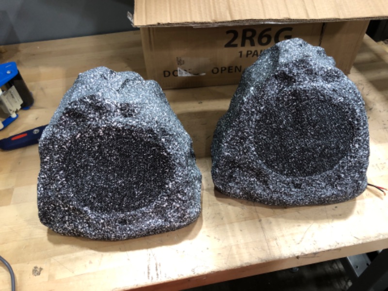 Photo 1 of Theater Solutions 2R6G Outdoor Granite 6.5" Rock 2 Speaker Set for Deck Pool Spa Yard Garden, Granite Grey 6.5 in