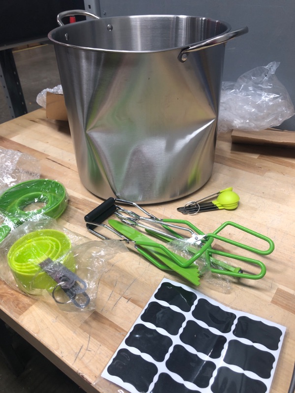 Photo 2 of *DAMAGE* Canning Supplies Starter Kit Stainless Steel Canner Tools Set with Canning Rack, Jar Lifter Tongs, Funnel, Labels, Bubble Popper, Jar Wrench for Canning Pot Accessories (Light Green with Rack)