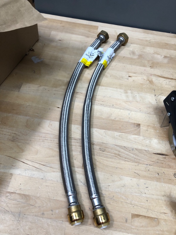 Photo 1 of 2 pack of SharkBite 3/4 Inch x 1 Inch FIP x 24 Inch Stainless Steel Braided Flexible Water Heater Connector, Push To Connect Brass Plumbing Fitting, PEX Pipe, Copper, CPVC, PE-RT, HDPE, U3086FLEX24LF