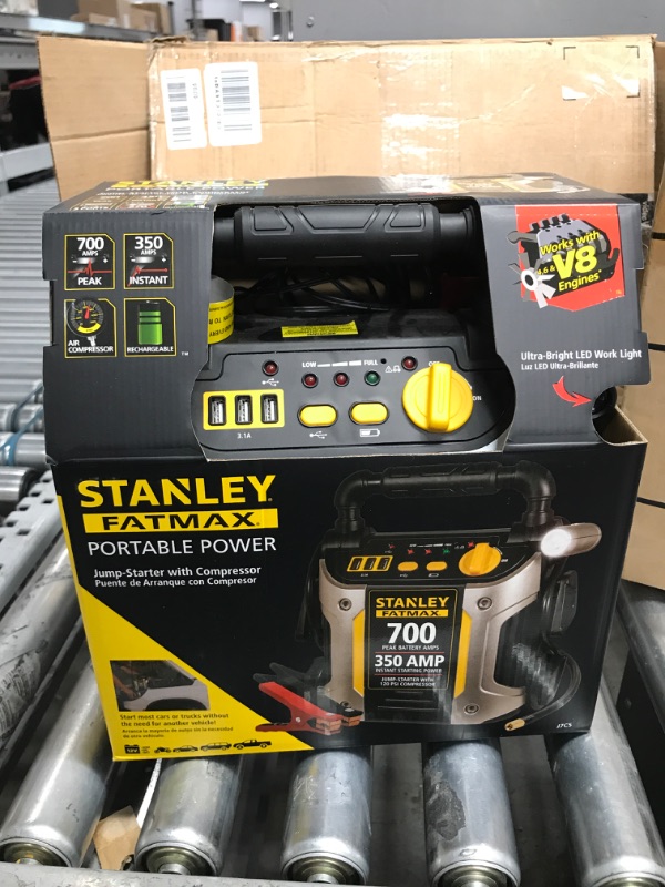 Photo 2 of **MISSING CHARGER**
STANLEY FATMAX J7CS Portable Power Station Jump Starter: 700 Peak/350 Instant Amps, 120 PSI Air Compressor, 3.1A USB Ports, Battery Clamps