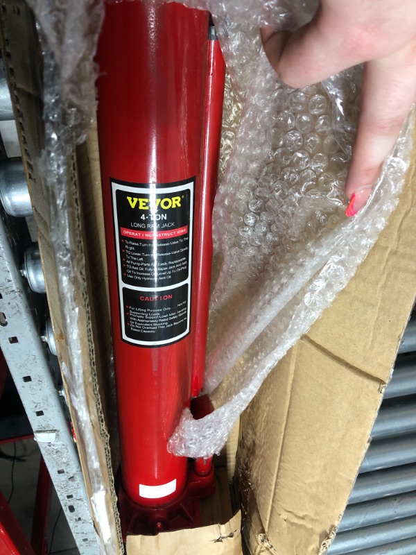 Photo 2 of VEVOR Hydraulic Long Ram Jack, 4 Tons/8818 lbs Capacity, with Single Piston Pump and Flat Base, Manual Cherry Picker w/Handle, for Garage/Shop Cranes, Engine Lift Hoist, Red Red 4 Ton